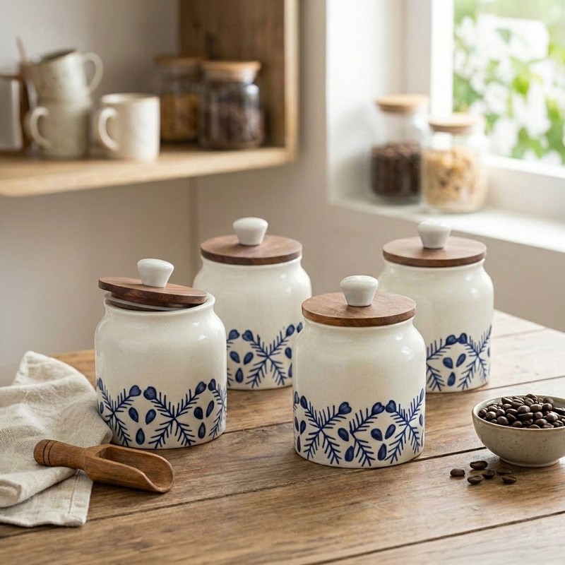 Royal Mughal Ceramic Jars with Wodden lid (380 mL Each)- Set of Four
