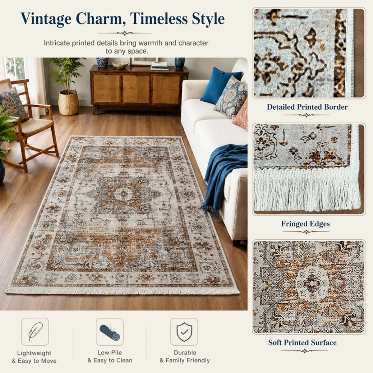 Beige heritage-style carpet shown in a living room with patterned border and fringed edges
