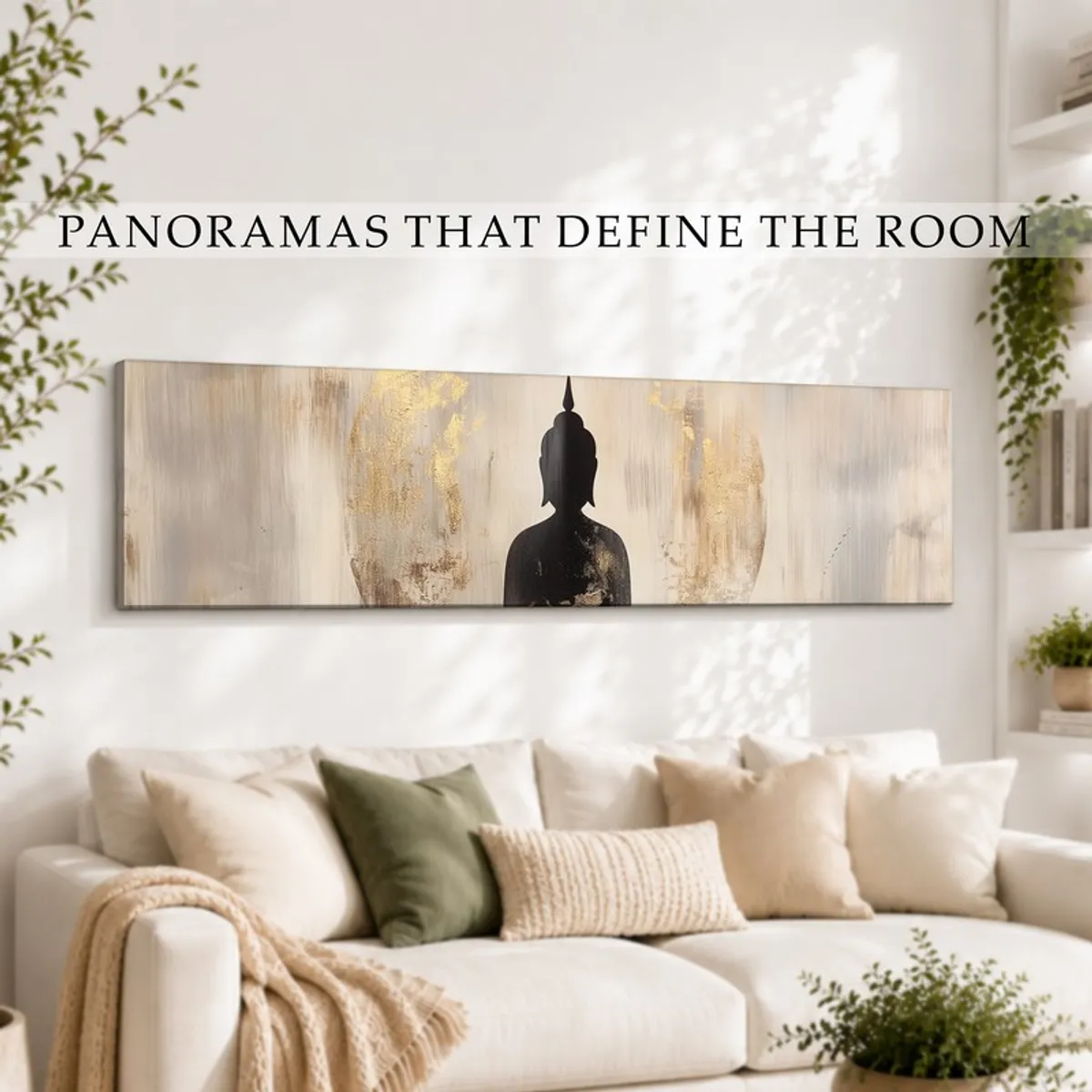 Long grey and gold Buddha wall art styled above a white sofa