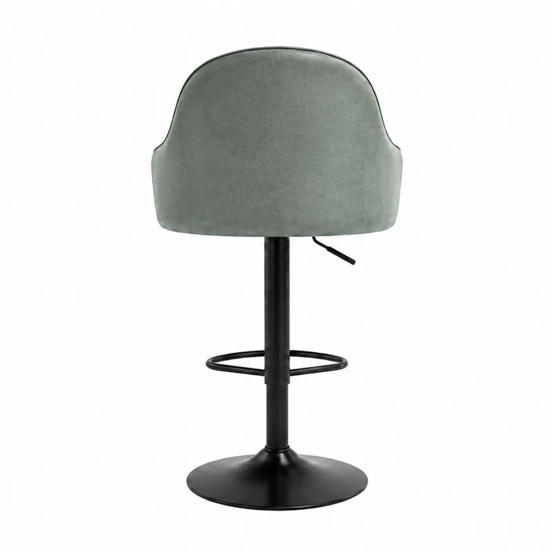 Rear view of a grey bar chair with black metal pedestal base