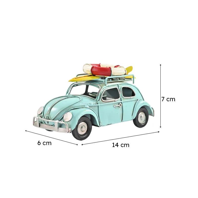 Blue retro beach car showpiece with dimensions shown visually