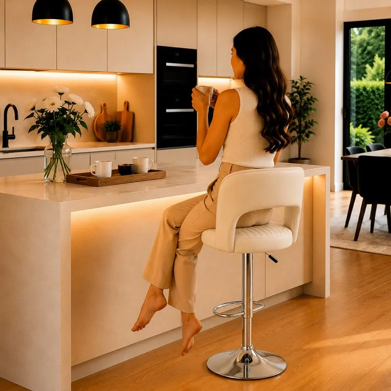 Person seated on an off white bar chair at a modern kitchen counter