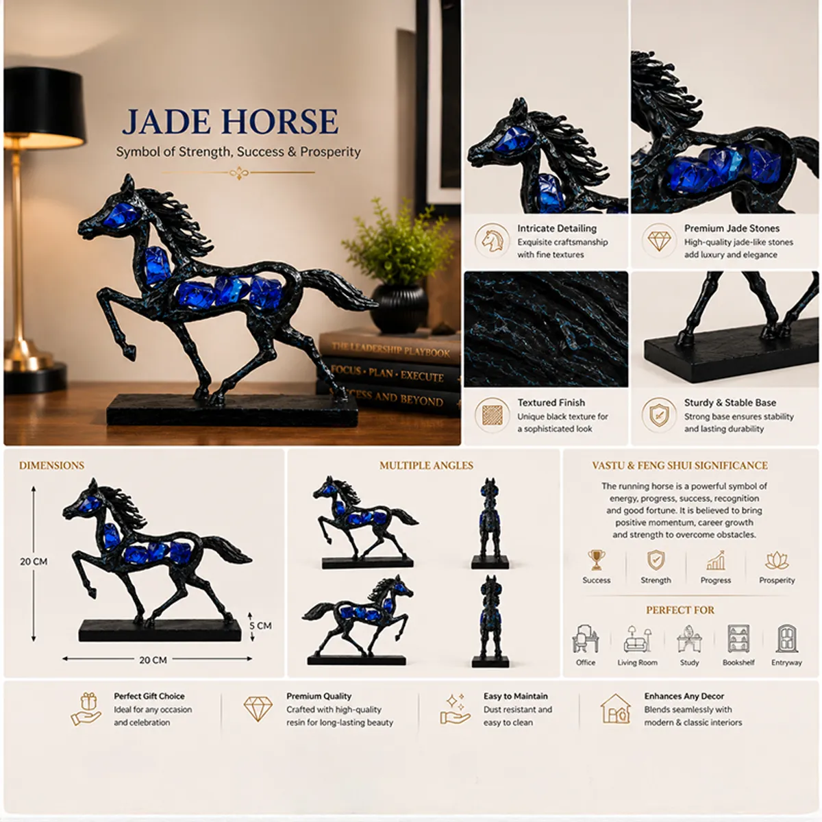 Collage showing the black and blue horse showpiece from multiple angles