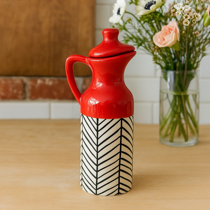 KitchenPour Ceramic Oil Dispenser (Red & White) - 300 mL - 300 mL