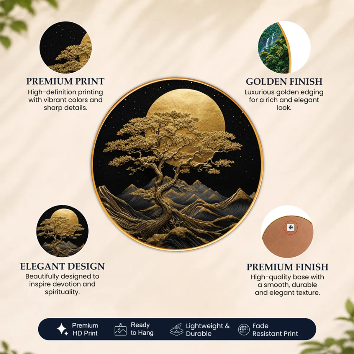 Feature graphic of round bonsai wall art with close-up detail callouts