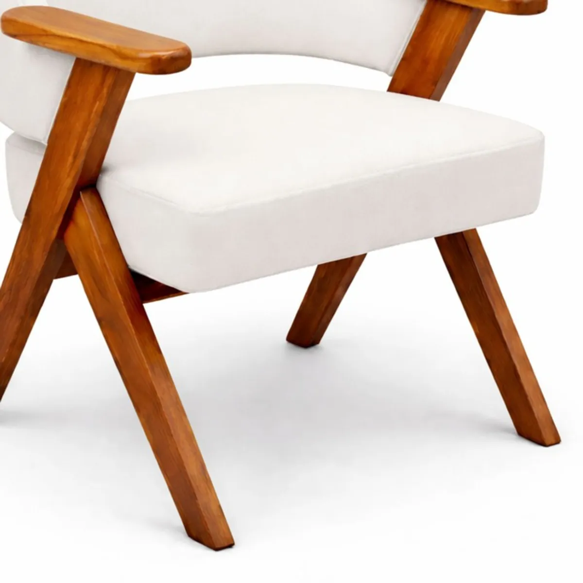 Close-up of white velvet seat and teak wood frame with angled legs