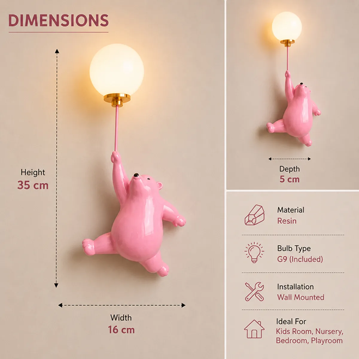 Pink bear wall lamp shown with dimension arrows in a product graphic