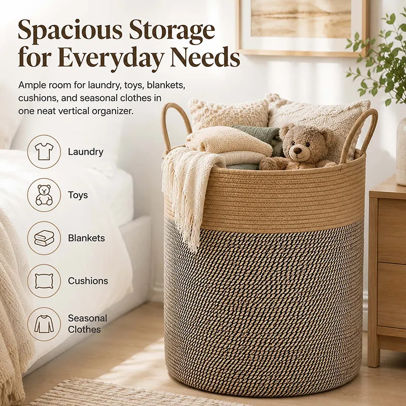 Brown tall woven basket filled with cushions, blanket and a teddy