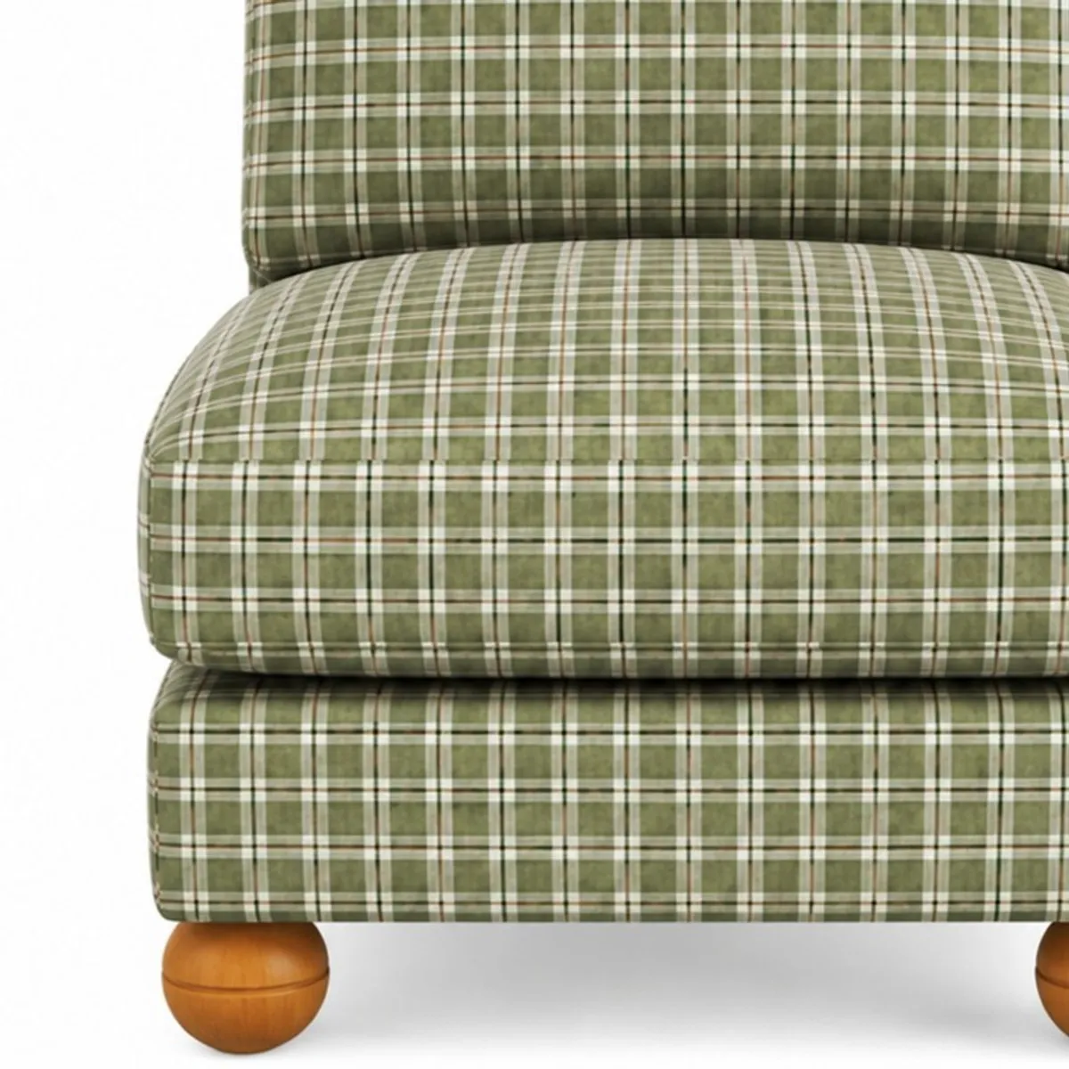 Close-up of green checked upholstery, cushioned seat and rounded wooden foot