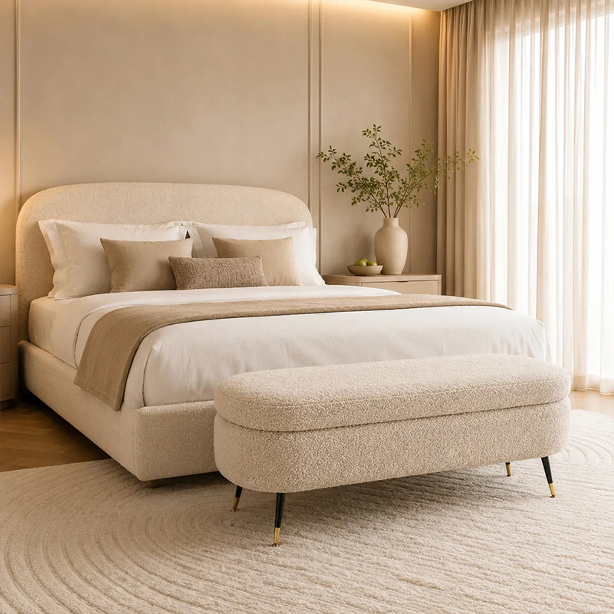 Beige bouclé bench styled at the foot of a bed