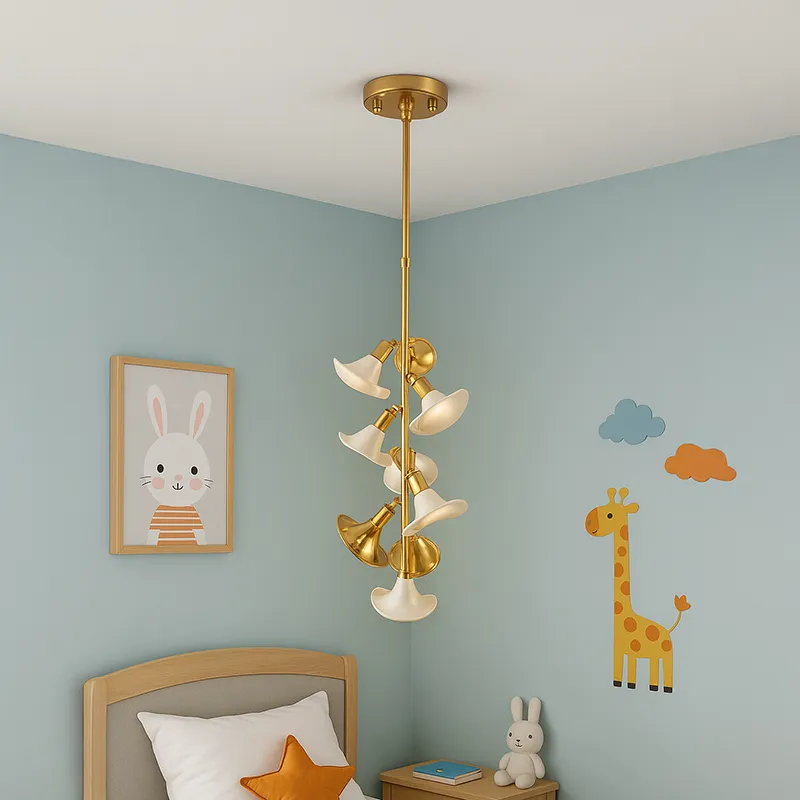 Gold and white floral hanging lamp in a pastel children's room