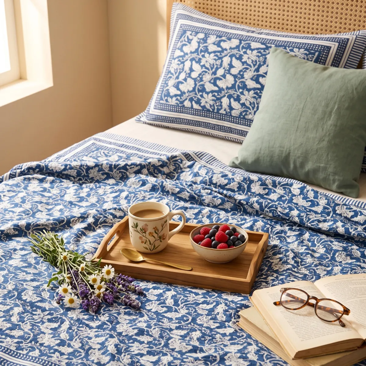 Blue and white floral bedsheet styled on a bedroom bed with pillows and a throw