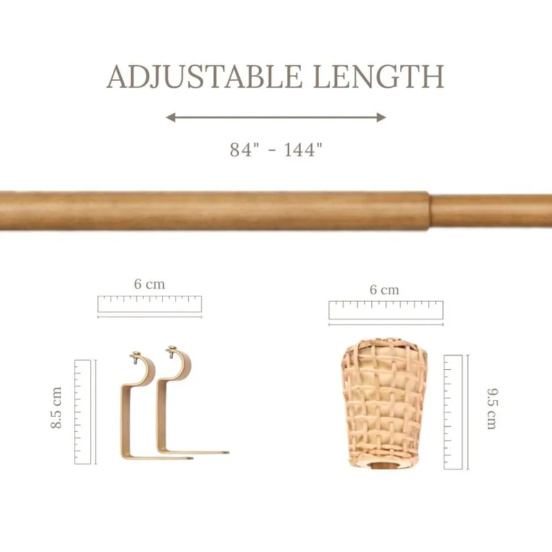 Extendable brown curtain rod with woven finial and bracket components shown