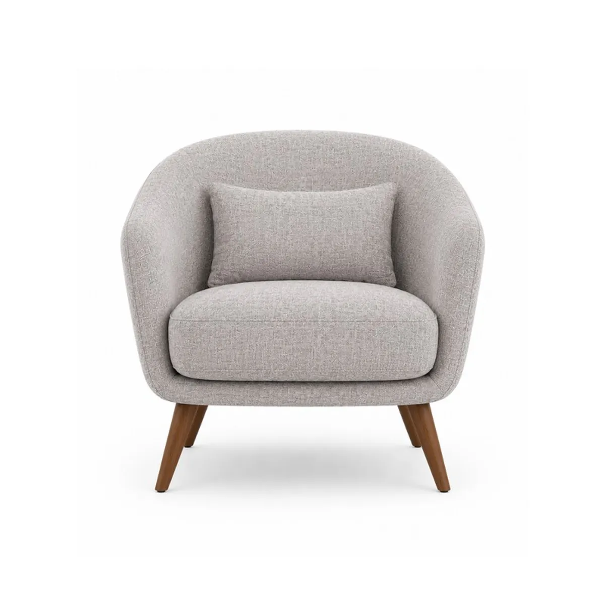 Front view of a grey upholstered accent chair with a curved back