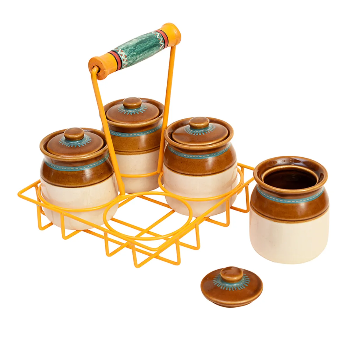 Four ceramic condiment jars and lids arranged with their yellow metal stand