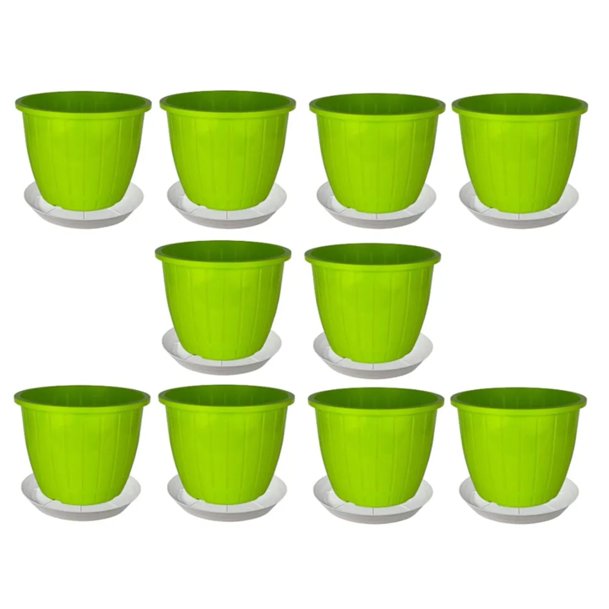 Multiple bright green cylindrical planters with white drip trays arranged against a white background.