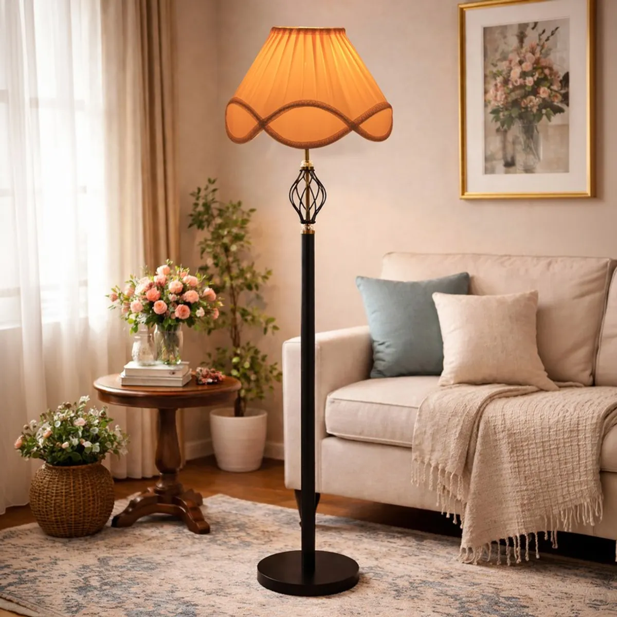 Floor lamp with warm glowing pleated shade and black stand