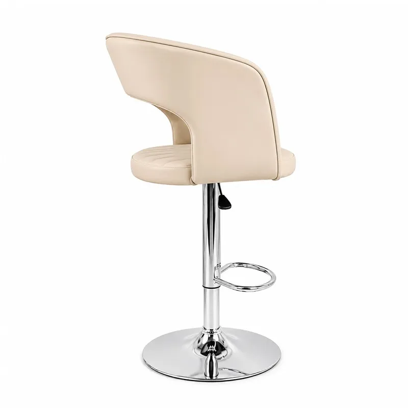 Rear angled view of off white upholstered bar chair with chrome pedestal base