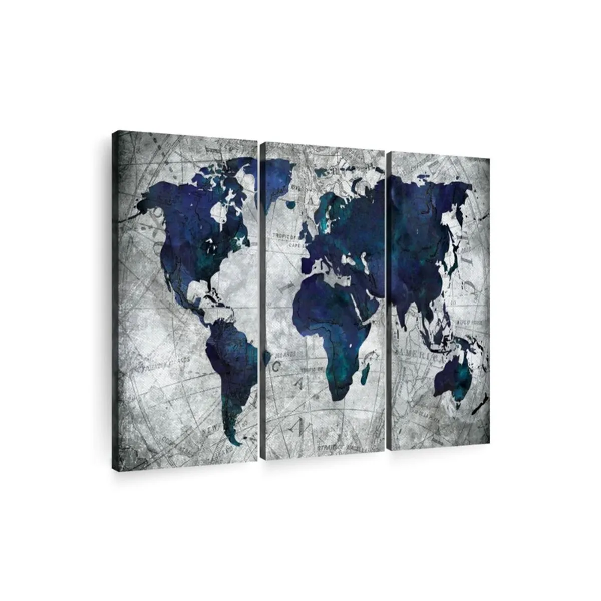 Angled view of a three-panel world map canvas artwork in blue and grey