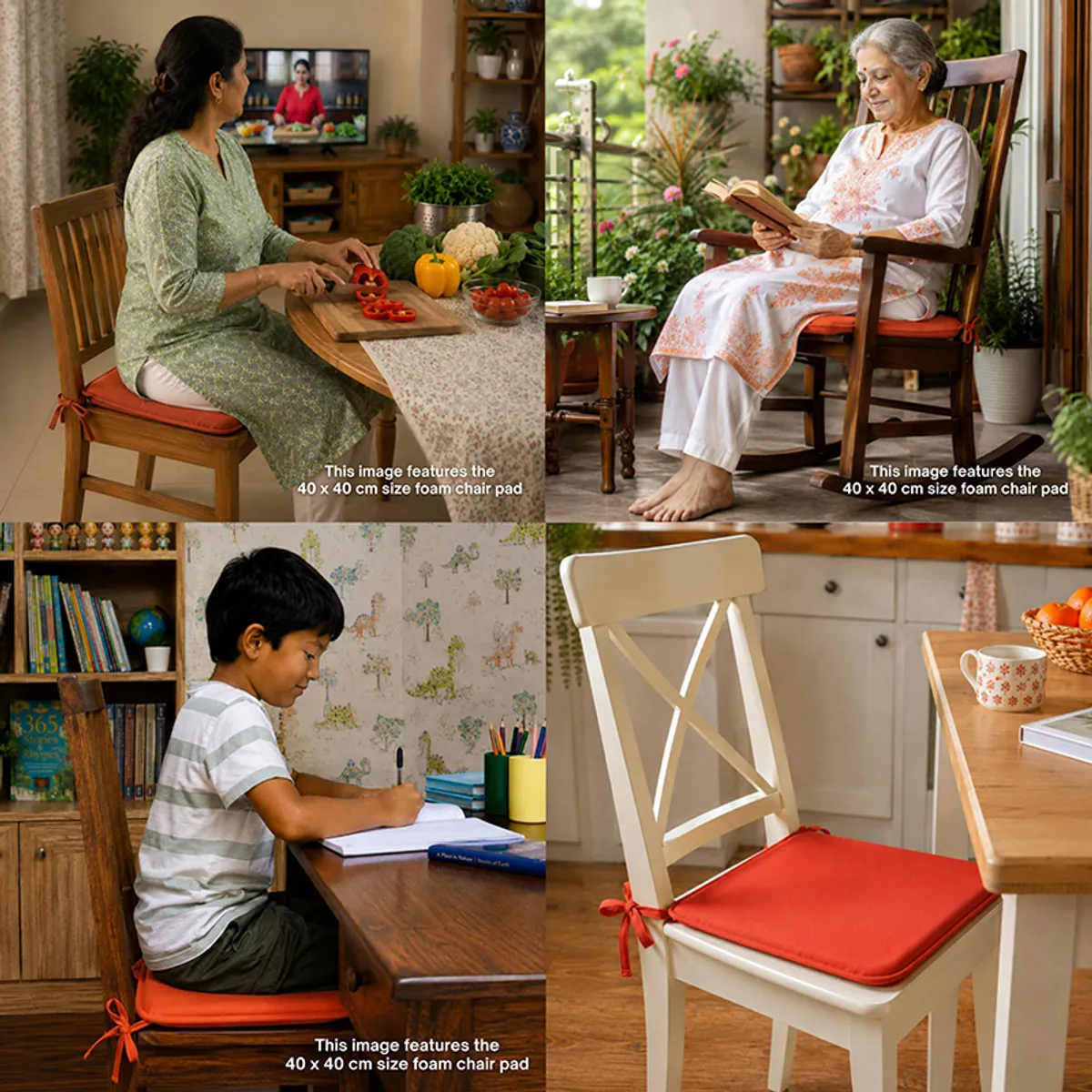 Chair pads styled on dining, lounge, study and kitchen chairs