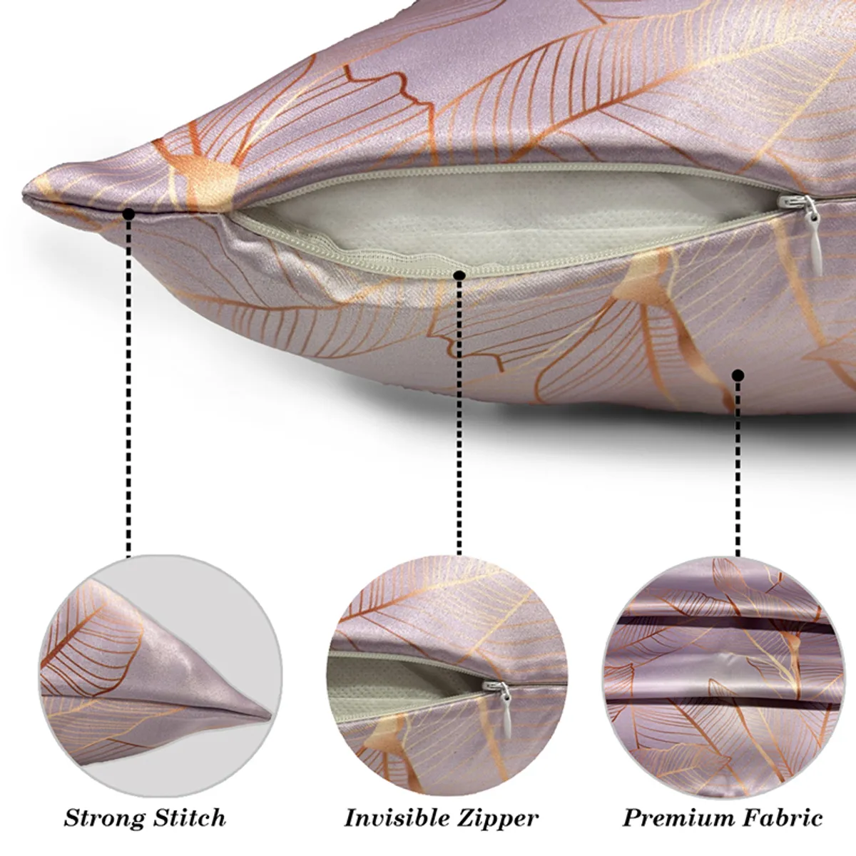 Close-up of a cushion cover showing its zip closure and pink-gold leaf pattern.
