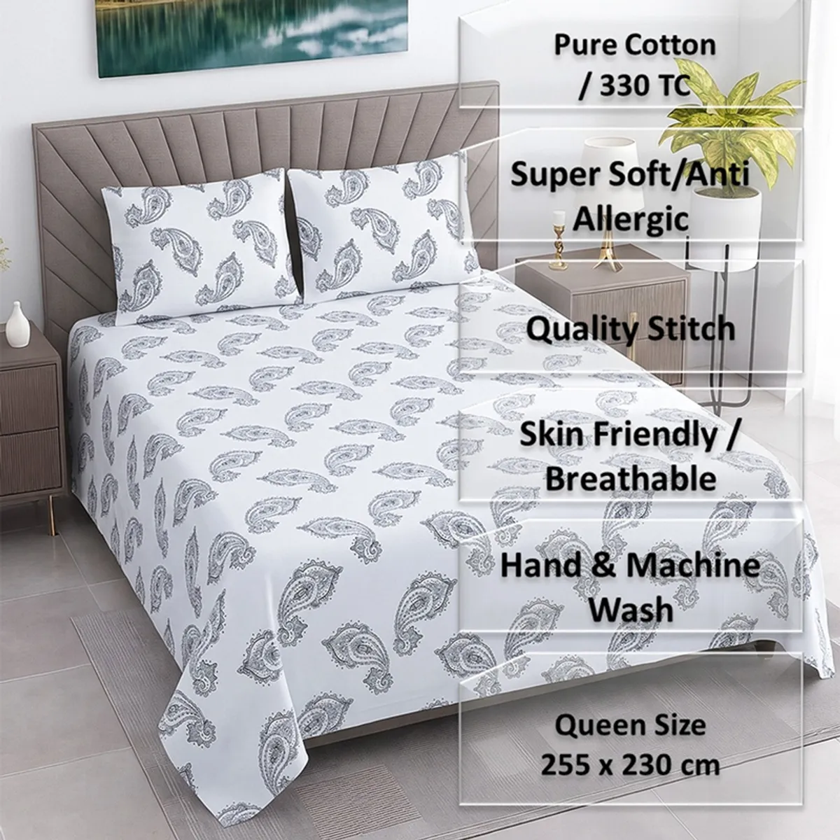 White printed bedsheet with matching pillow covers styled on a bed
