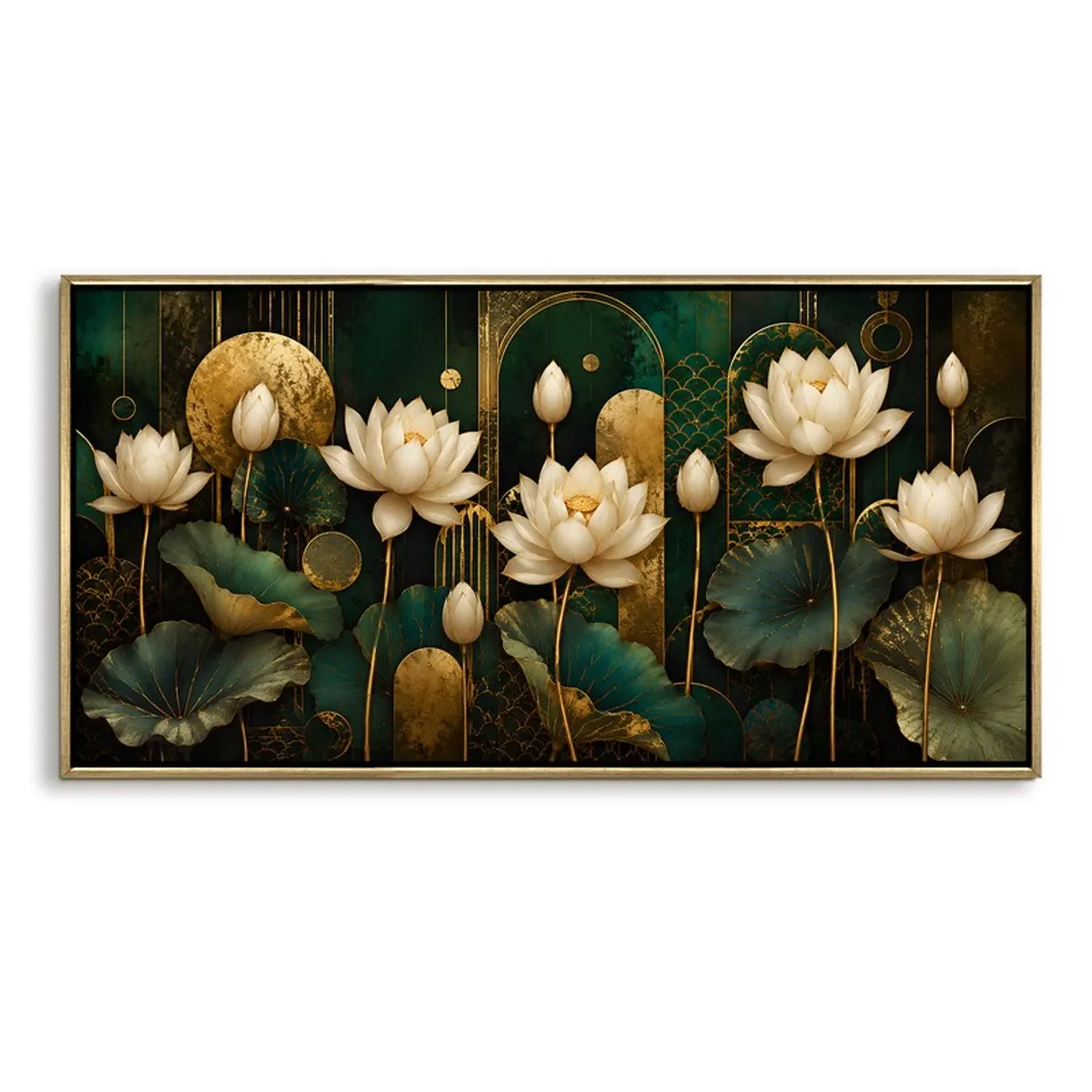Framed lotus bloom canvas wall painting with emerald green and gold Art Deco detailing