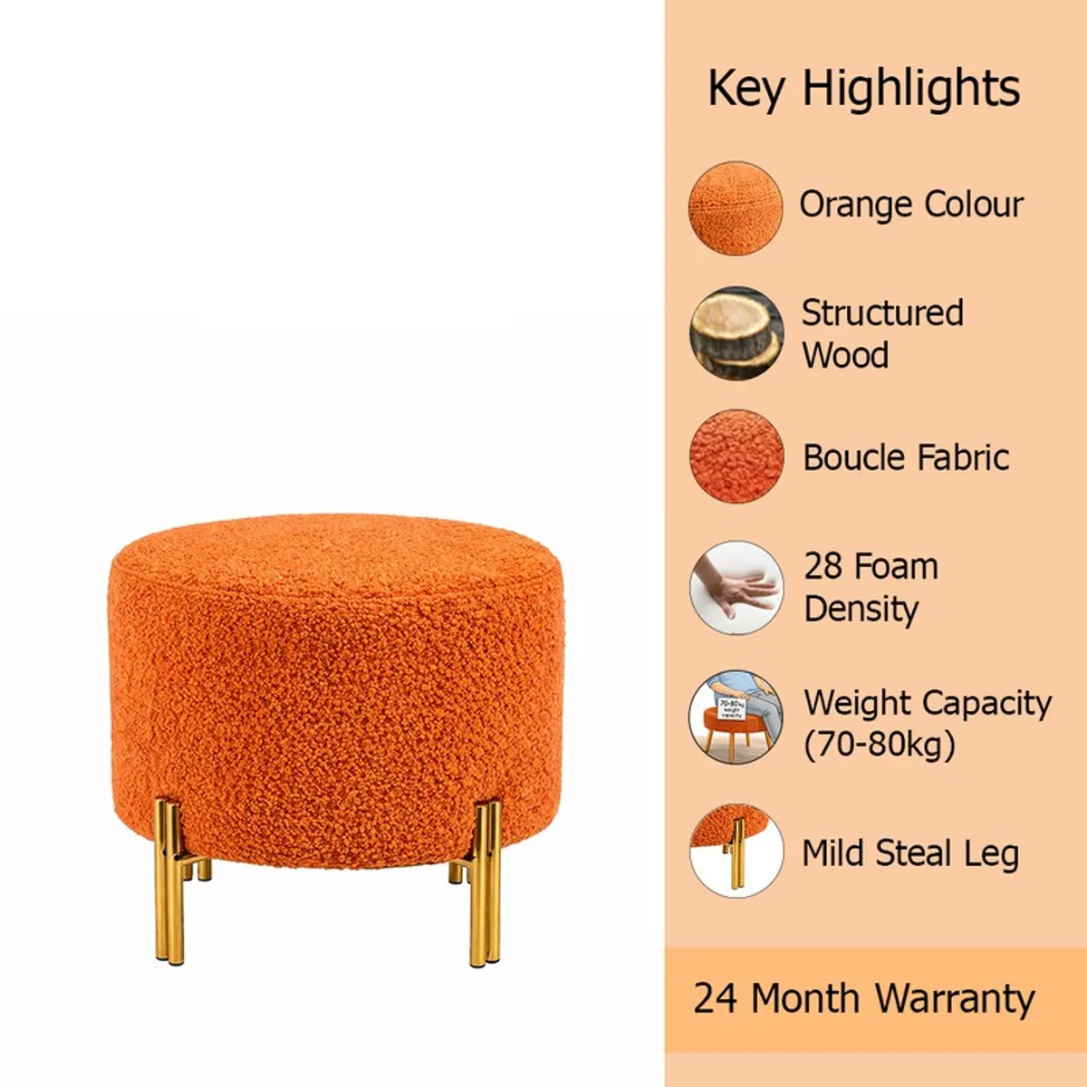 Orange round ottoman shown with gold legs and textured upholstery