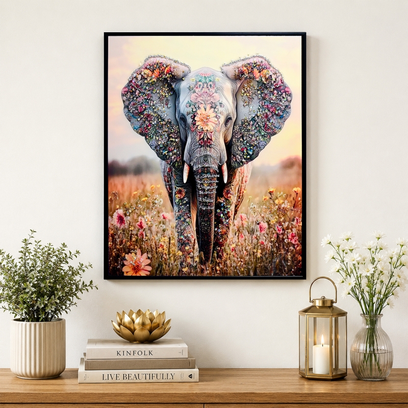 Vastu Elephant Crystal Resin Wall Painting With Frame