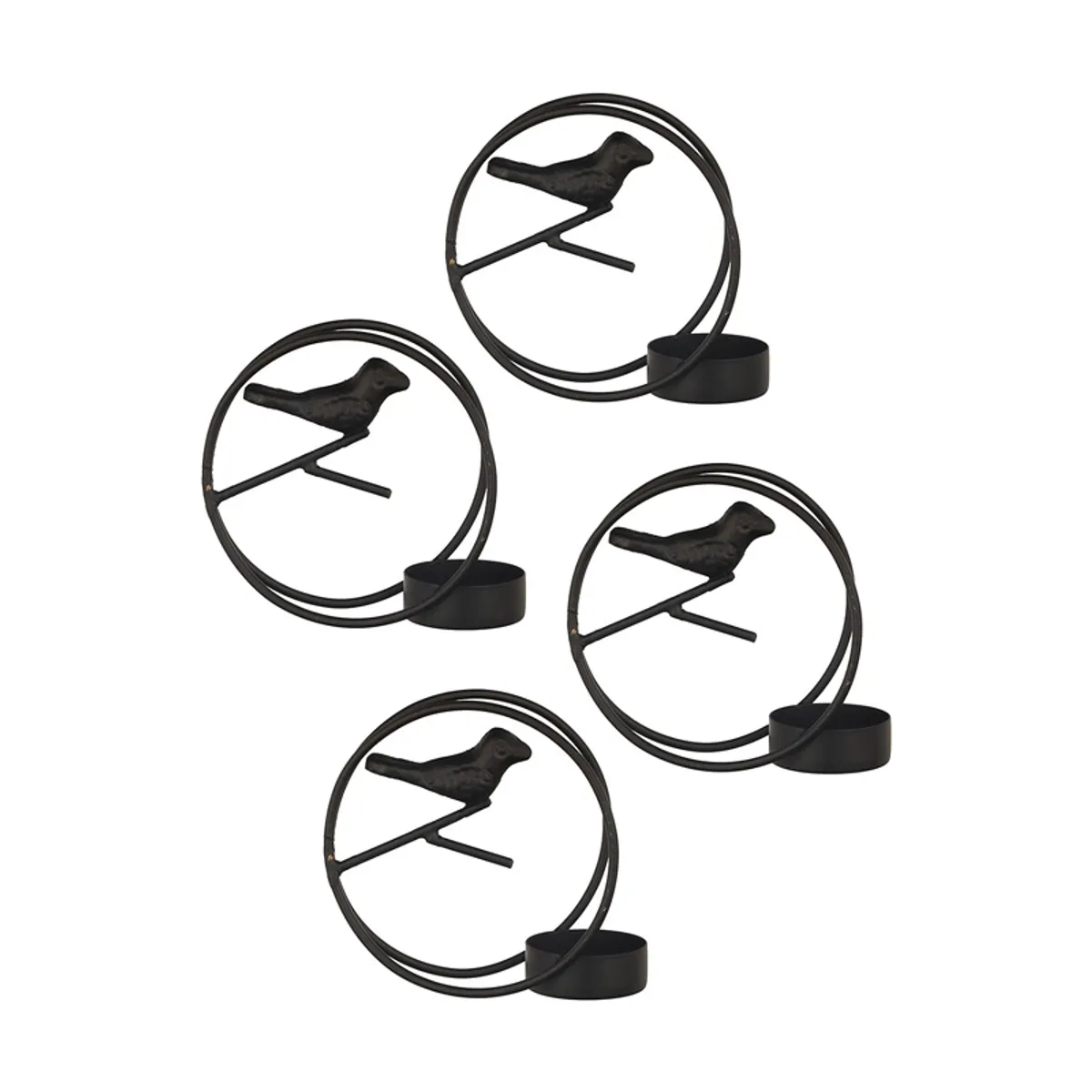 Four black circular bird tealight holders arranged on a white background
