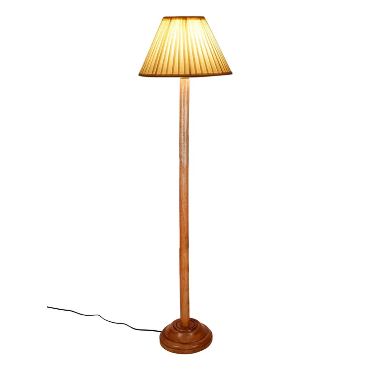 Wooden floor lamp with warm lit pleated shade on a white background