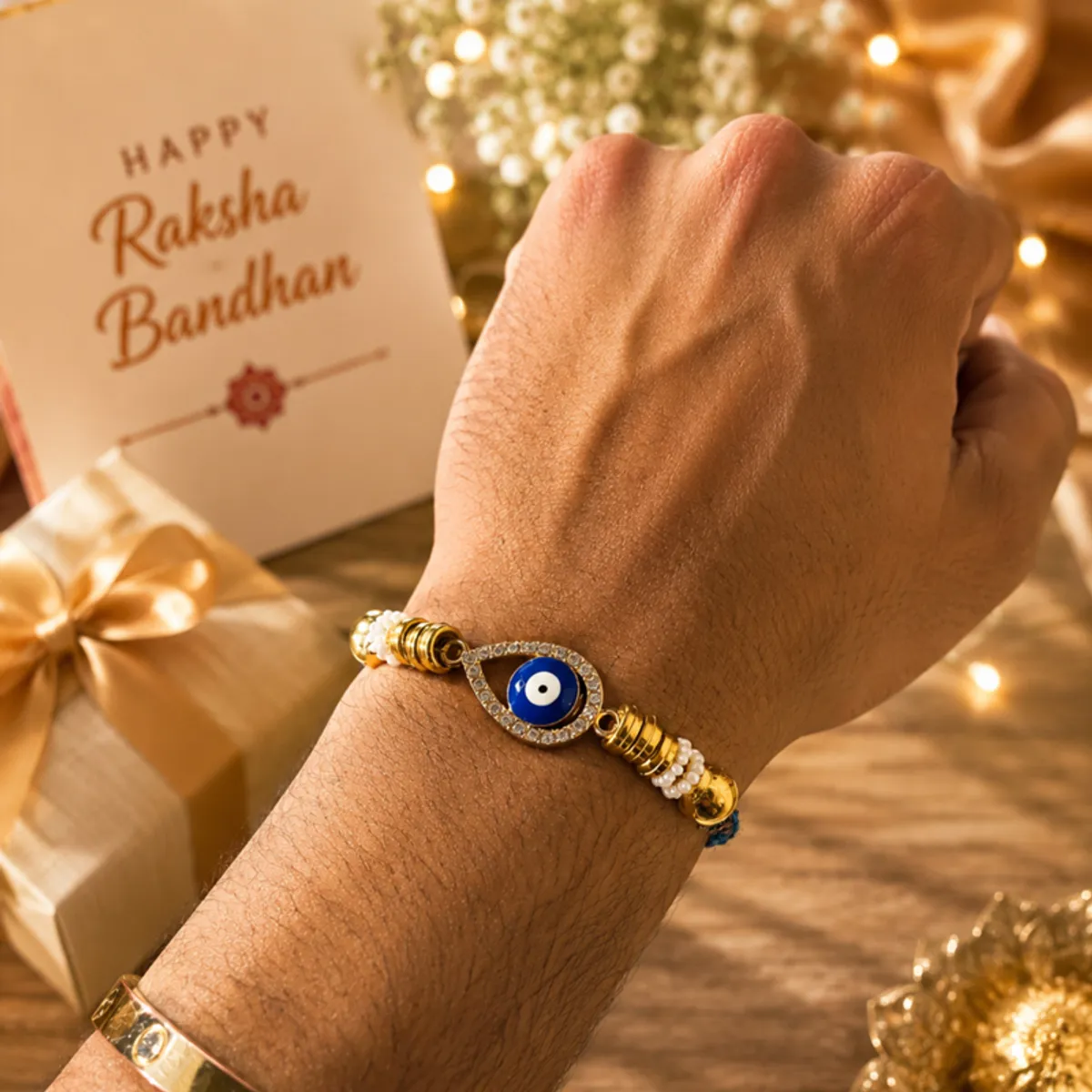Blue Rakhi with a decorative evil-eye centre shown on a wrist