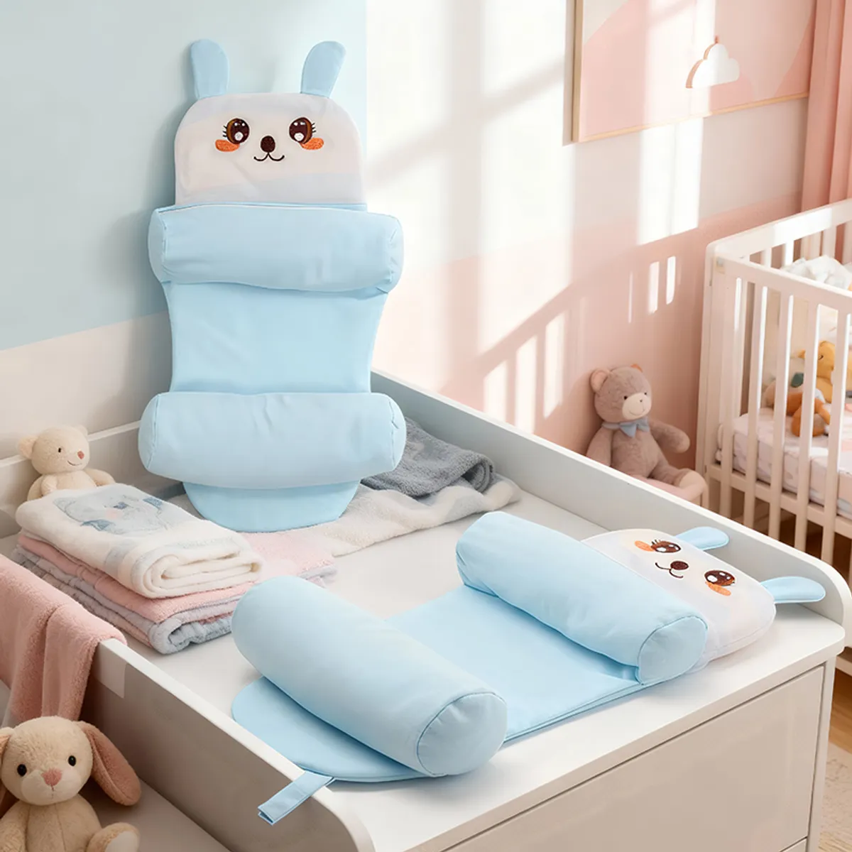 Two blue bunny-face baby pillows displayed on a nursery changing table
