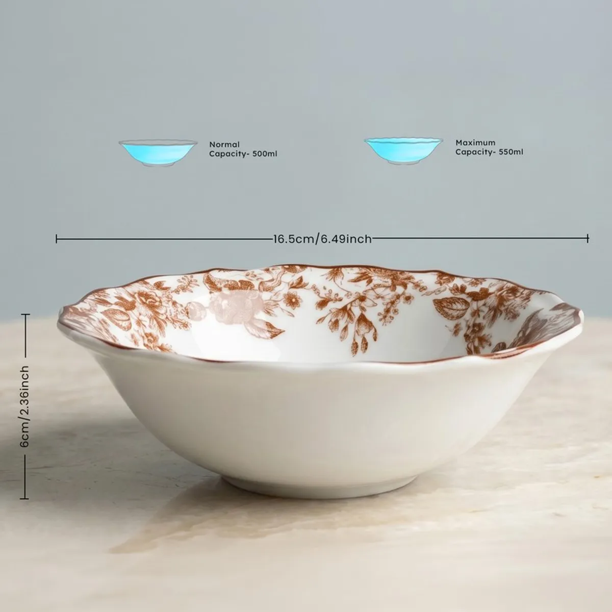 White round serving bowl with red floral pattern inside