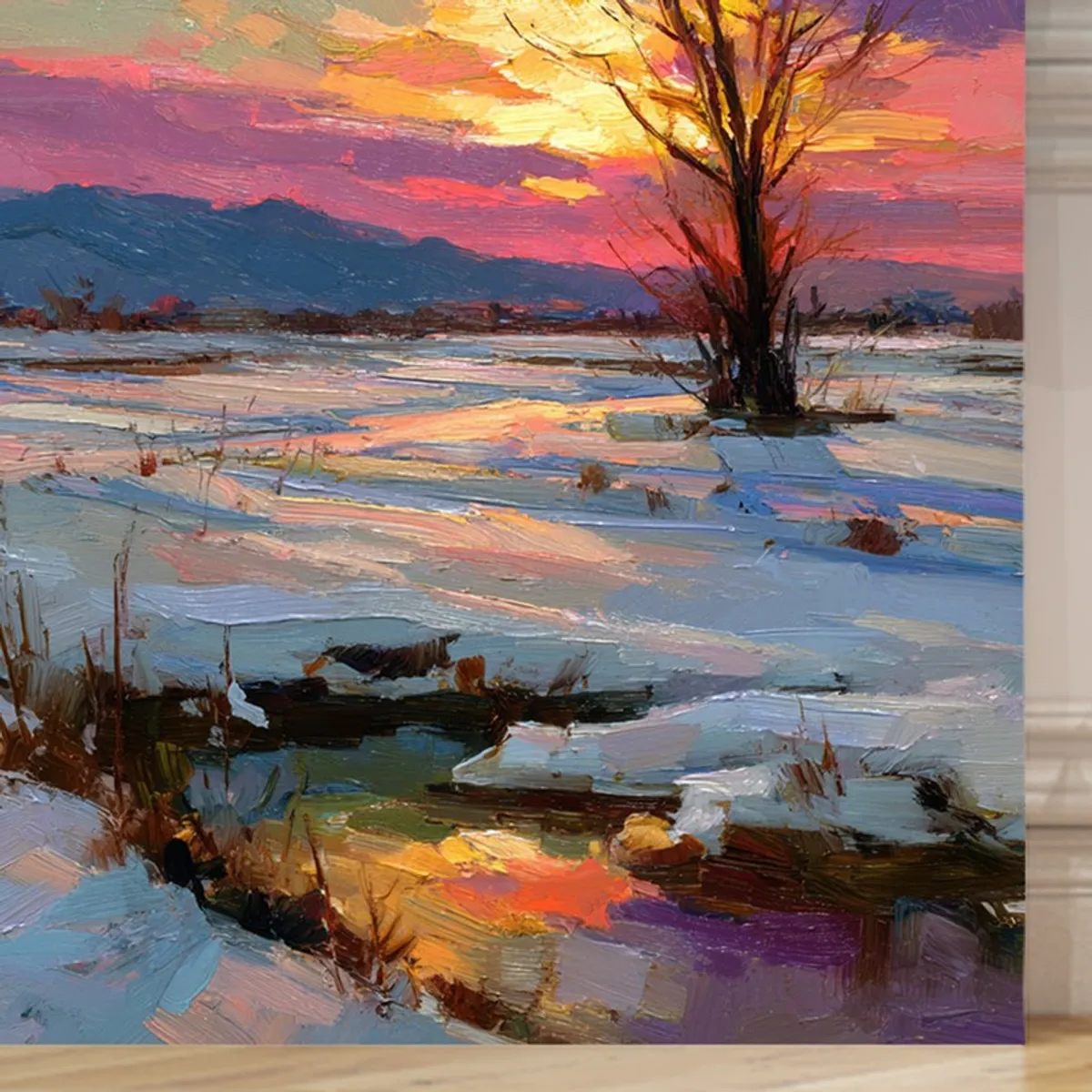 Close-up of the snowy landscape and sunset details on the canvas painting