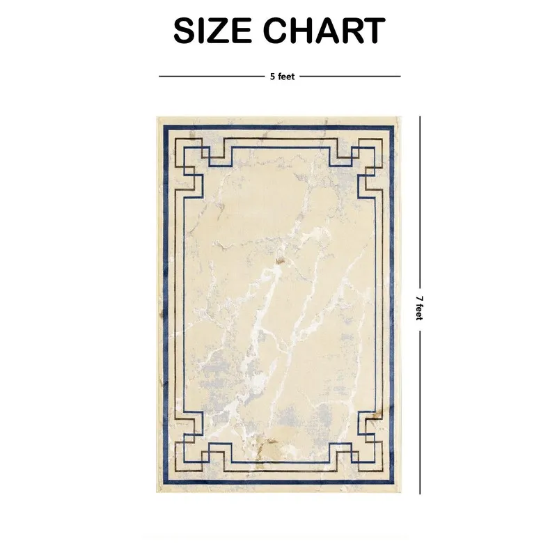 Rectangular beige carpet with abstract pattern and dark border, size chart view
