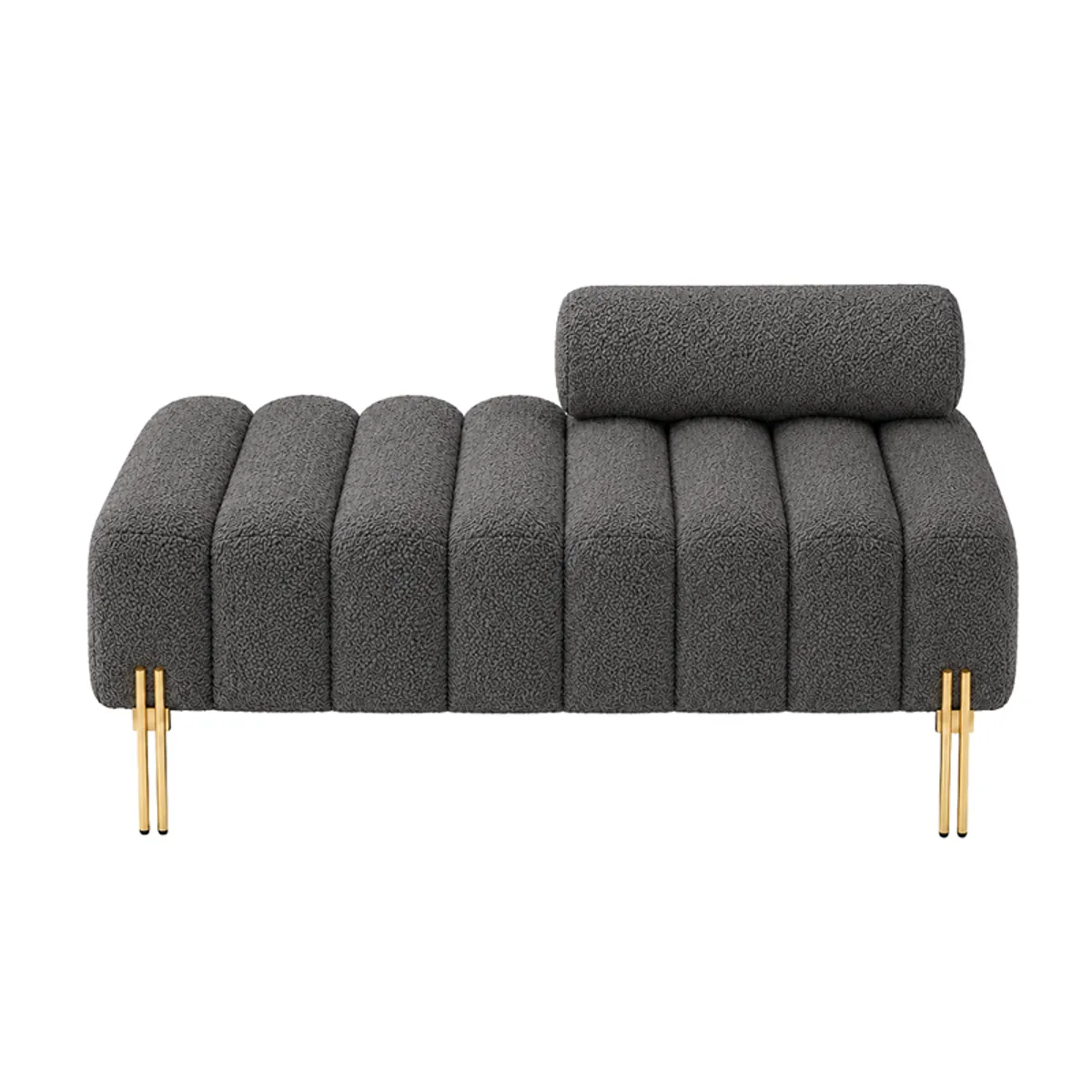 Front view of a grey ribbed bouclé bench with gold-finished metal legs