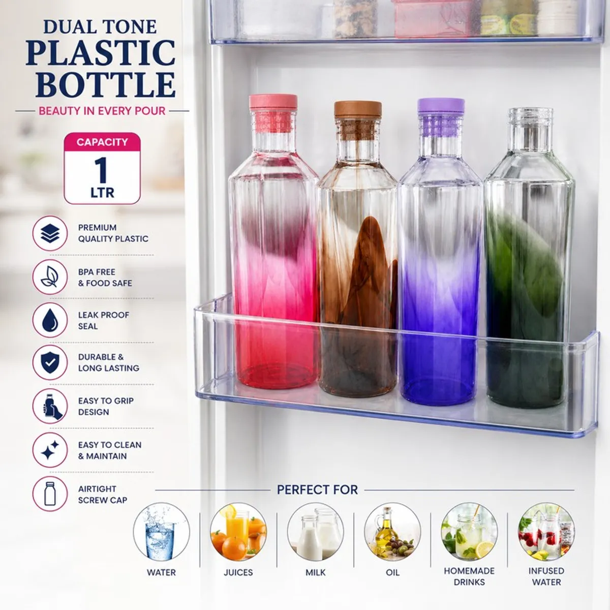Four colourful bottles arranged inside a refrigerator door shelf