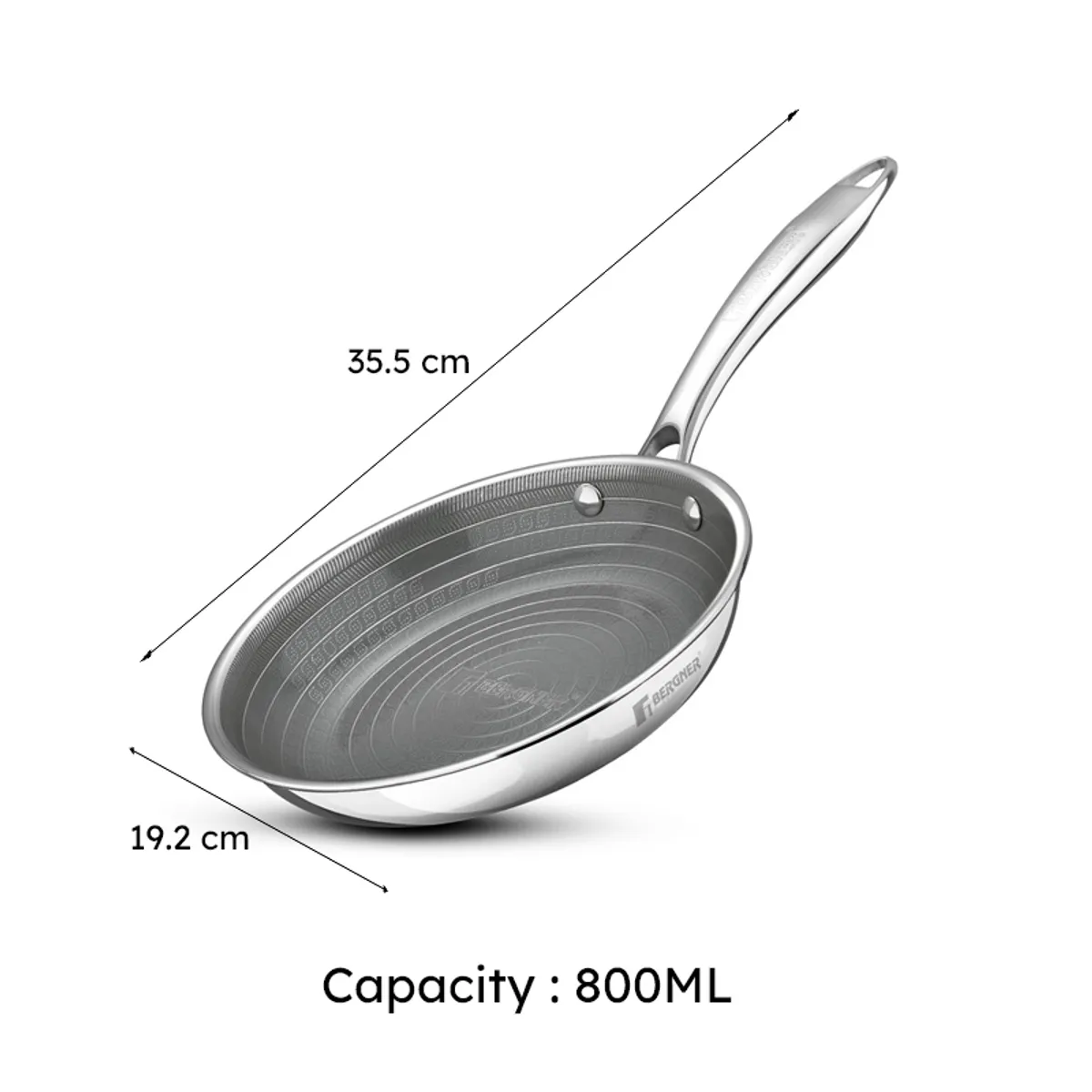 Silver frying pan with visible length, breadth and capacity details