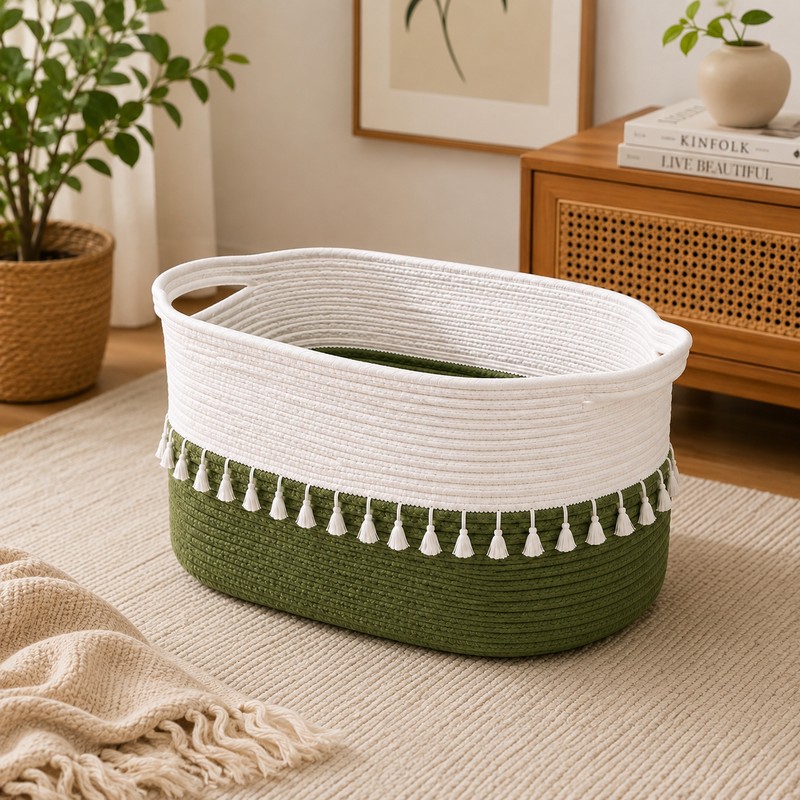 Rioware Raccolta Cotton Storage Basket (7.8 L) - White & Green - 7.8 L