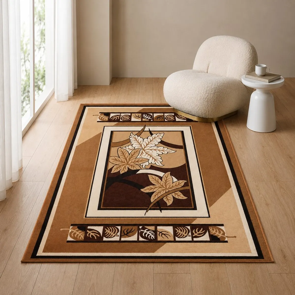 Brown rectangular carpet placed beside a curved chair in a neutral room