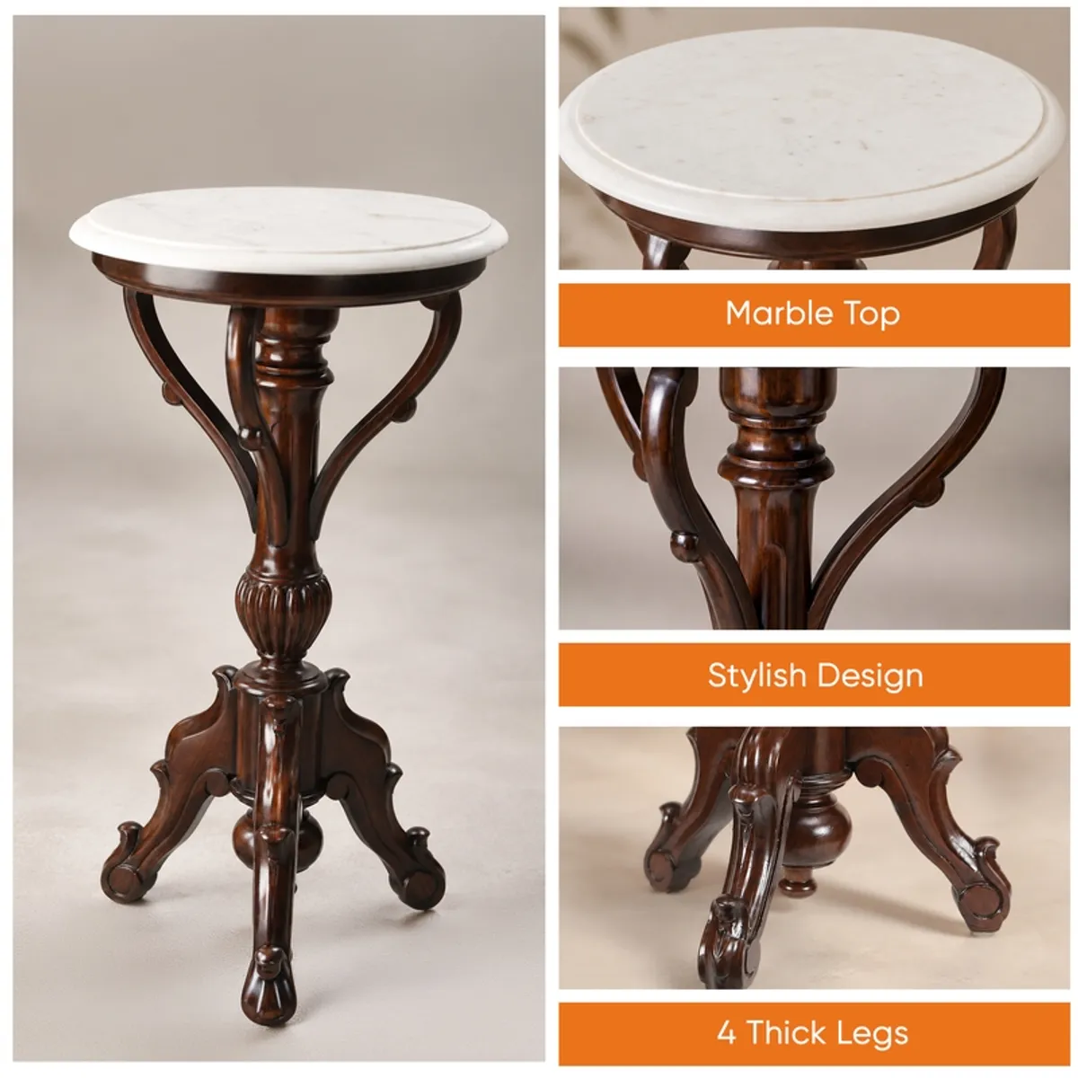 Collage showing the round top and carved base details of the side table