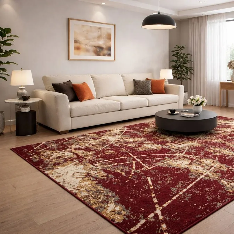Large maroon abstract carpet styled in a contemporary living room