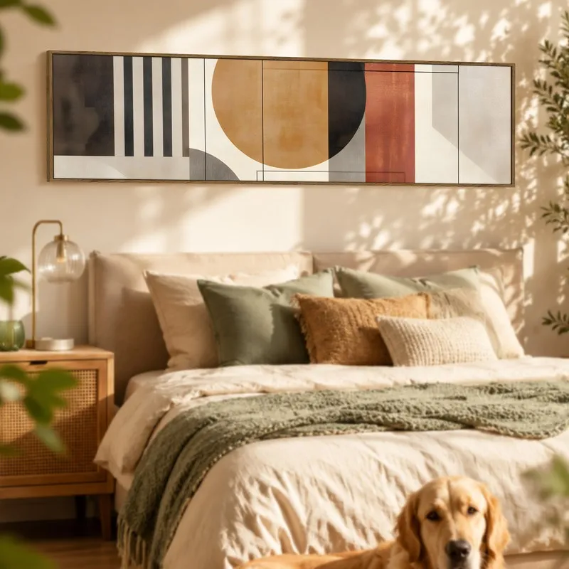 Panoramic geometric wall art displayed above a bed in a warm neutral bedroom
