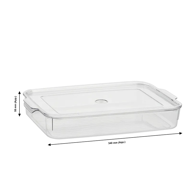 Clear organiser with lid and visible length and height measurement arrows