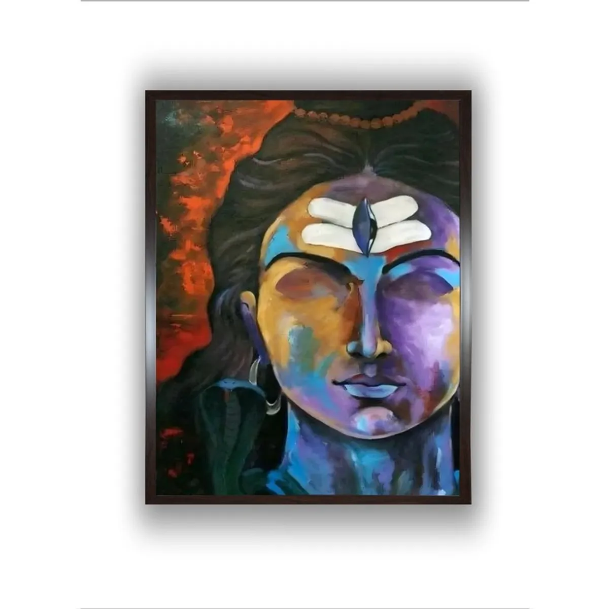 Frontal close view of multicolour Shiva painting with dark frame