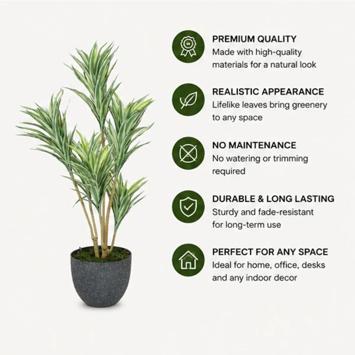 Artificial dracaena tree shown with green foliage and botanical décor benefits