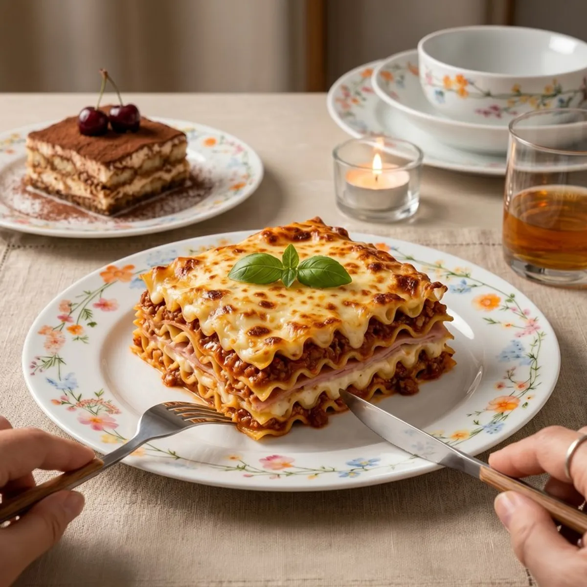 Floral dinner plate styled with lasagna, showing the multicolour border design