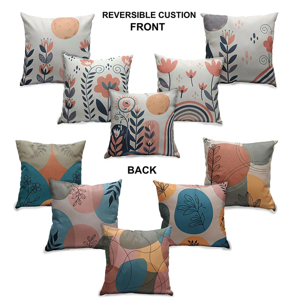 Five cushion covers shown from front and back to demonstrate their reversible printed designs.