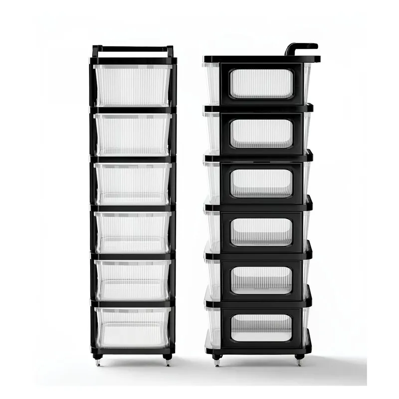 Two views of a black storage rack with transparent drawers on a white background